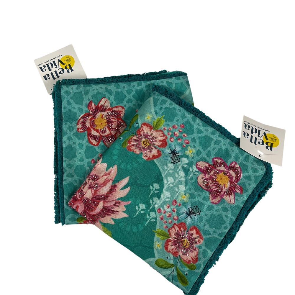 BELLA VIDA Pair 18x18 Decorative Pillow Covers Teal Floral Beaded Fringe NEW